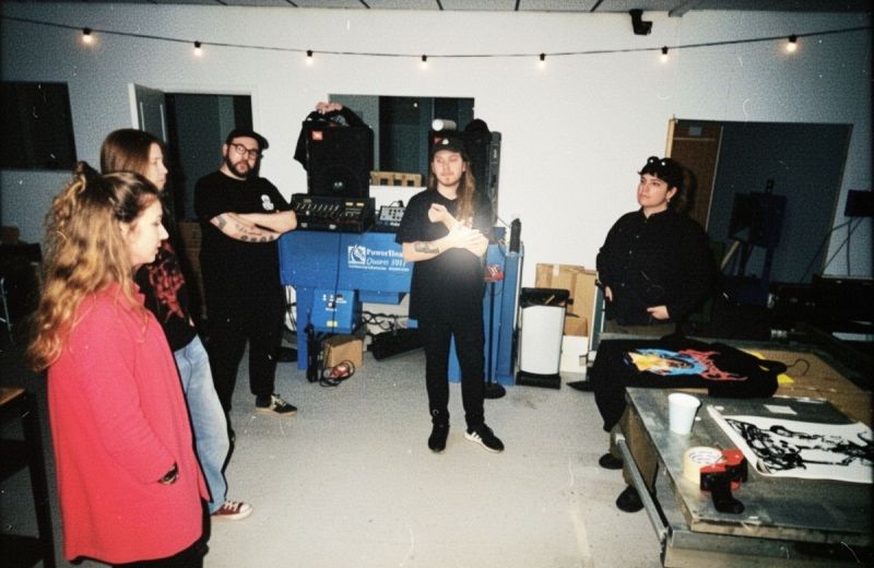 Grupp i en tryckstudio omgiven av maskiner och t-shirts med tryck